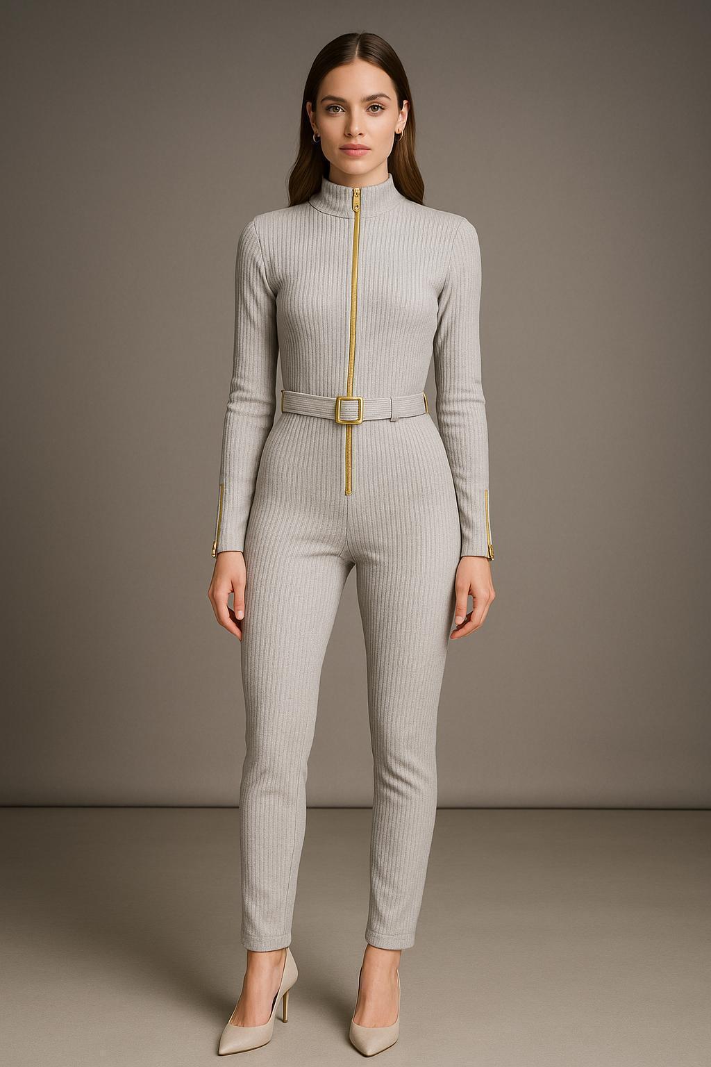 Salopetă Lady Hurrem – Gri Deschis Raiat cu Detalii Aurii