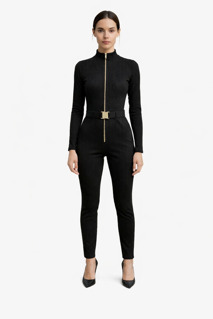 Salopetă Lady Hurrem – Negru Raiat cu Fermoar Auriu